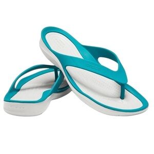 Crocs Swiftwater Teal And White Flip Flops